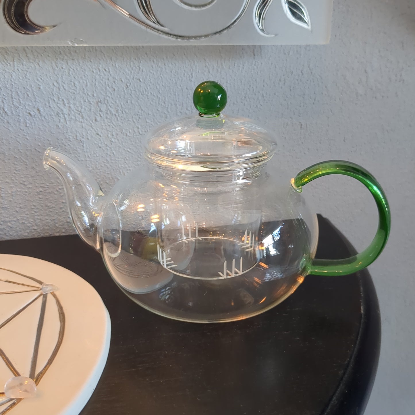 Glass teapot green handle