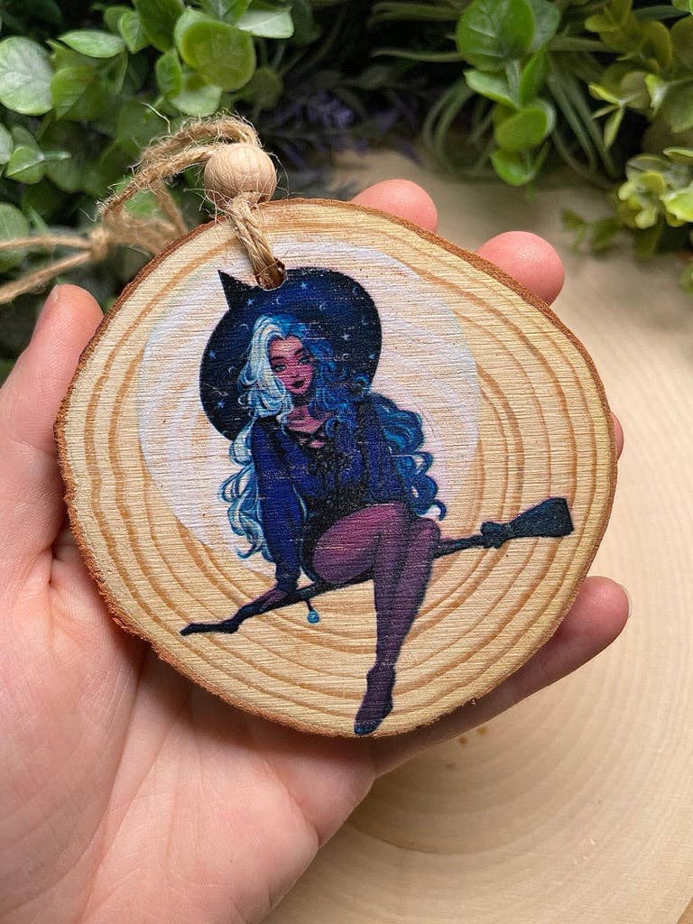Witch Christmas/ Yule Wood Slice Ornament