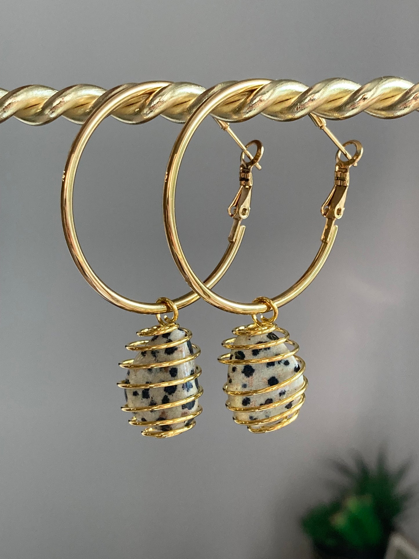 Dalmation Jasper Caged - 1.5” gold plated cage & hoop