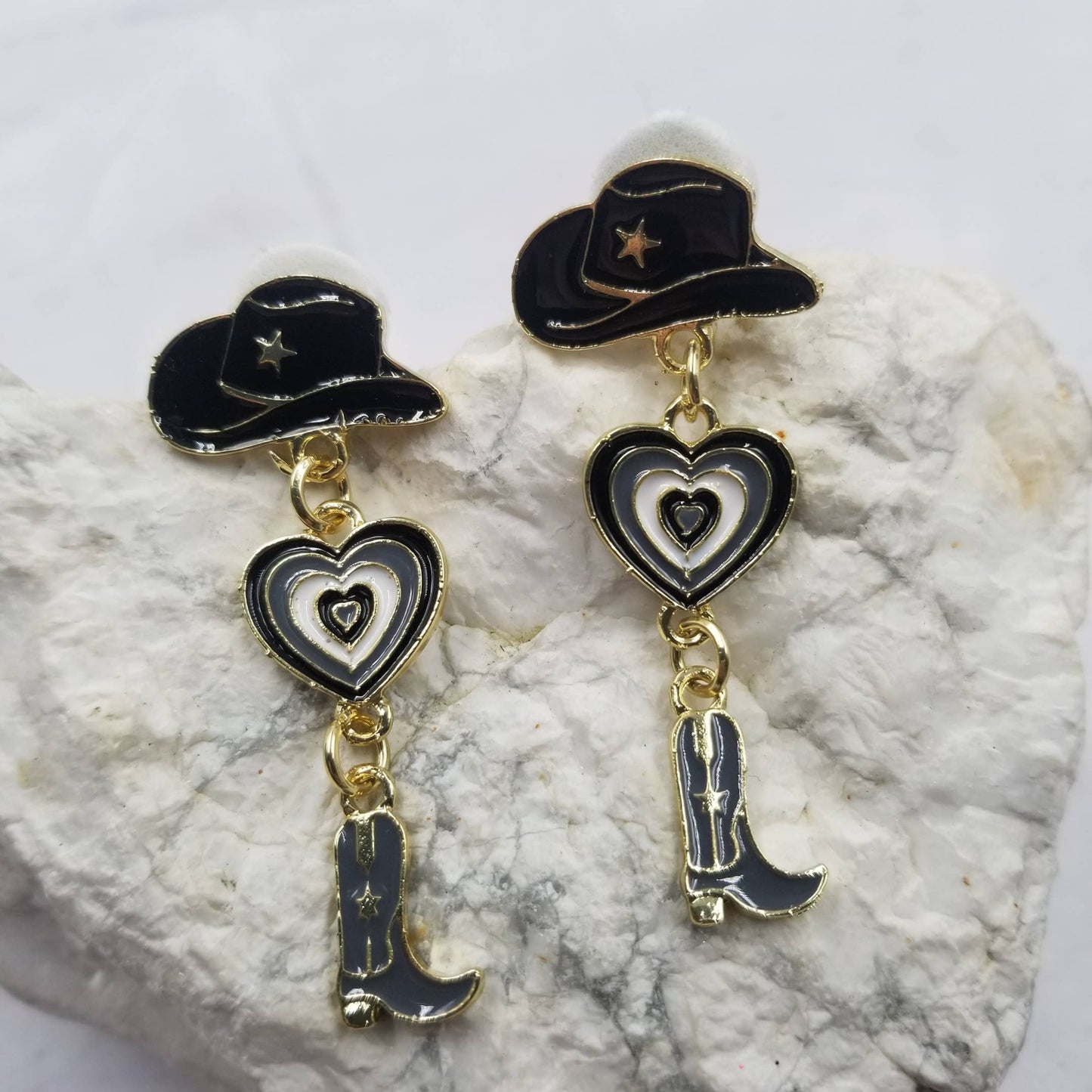 Valentines Cowgirl Hat Boot Heart Earrings