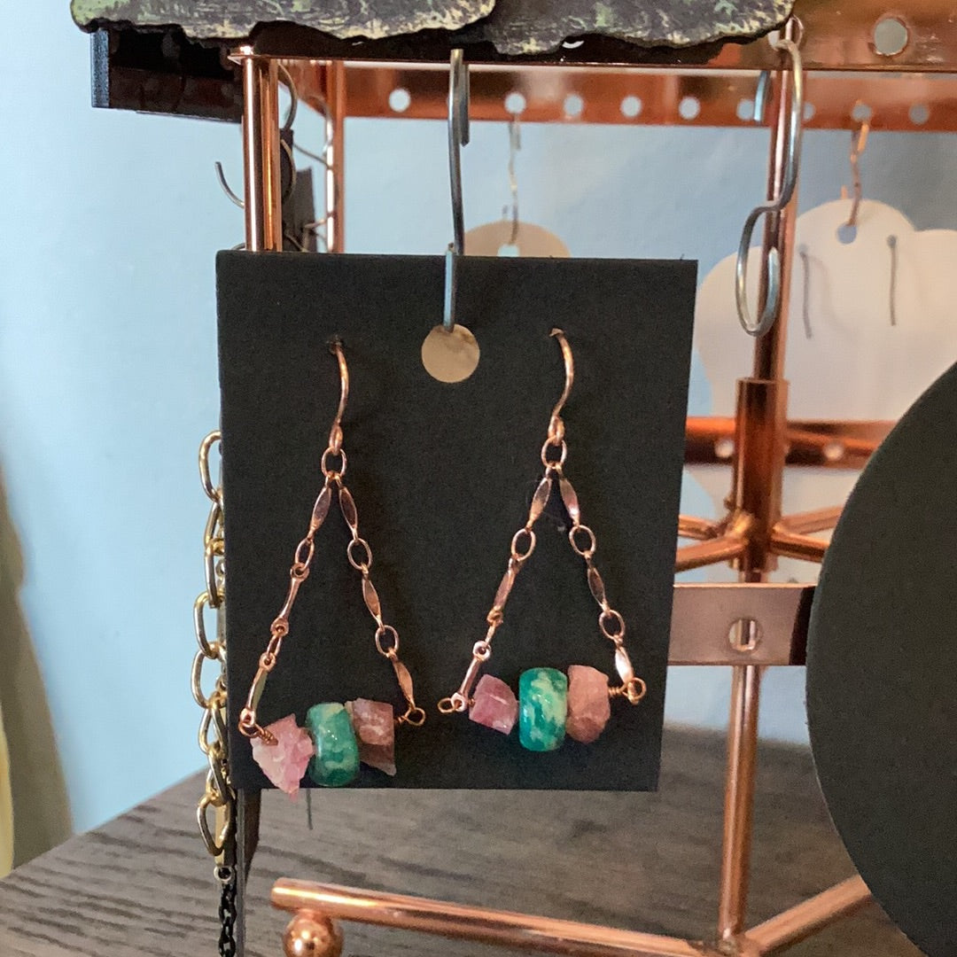 Rose gold triangle dangle earrings by Melinda