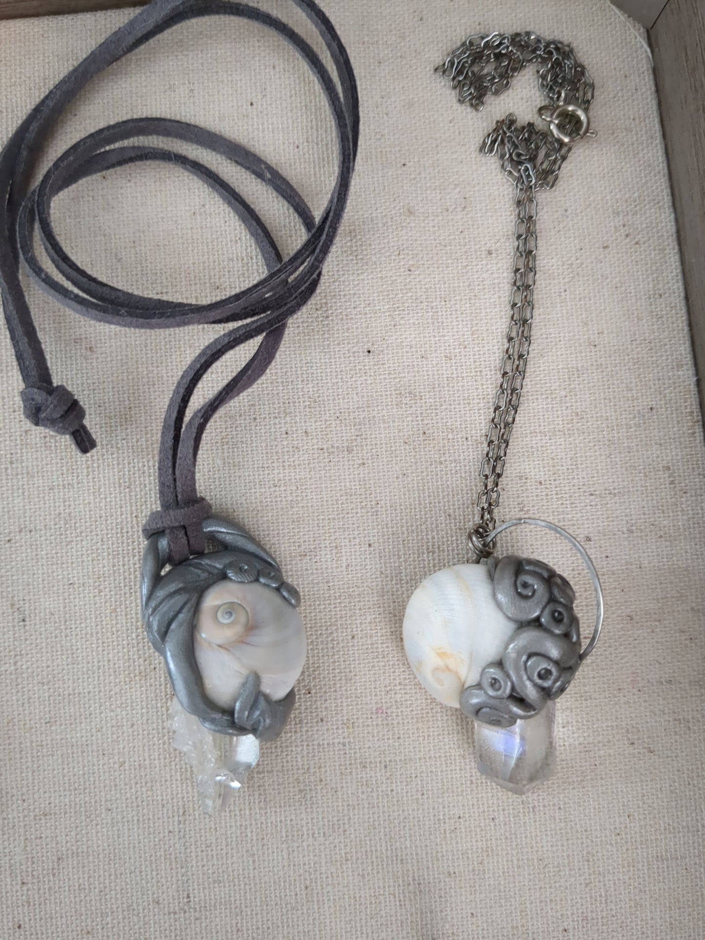 Snail shell and clear quartz sculptural pendant