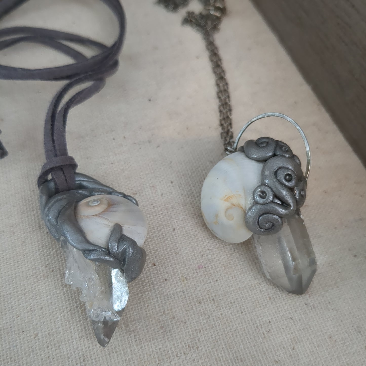 Snail shell and clear quartz sculptural pendant