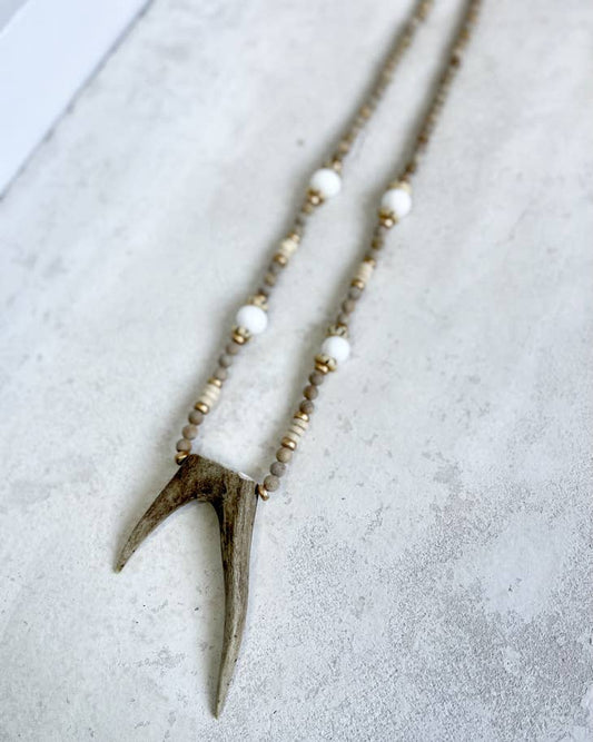 Deer Fork + Neutral Wood Bead Necklace